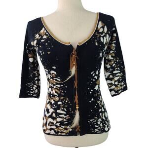 Angelic Val Black Tan Cream Animal Print Sweater Lace Up  Feather Tassel Medium
